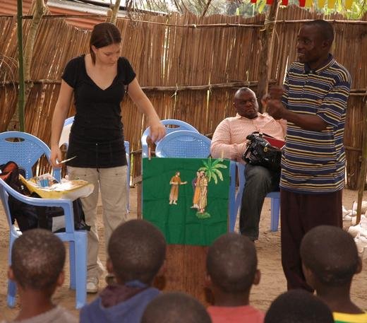 Natalie teaching a Bible story using flannelgraphs