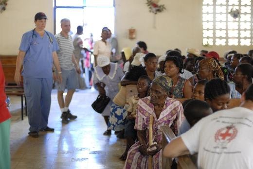 Patients waiting in the mobile clinic 